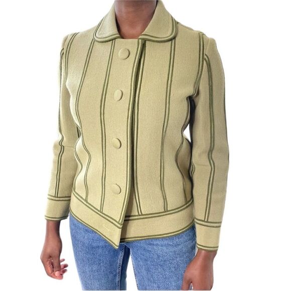Vintage Green Striped Piping Collared Cardigan S/M - Picture 1 of 10